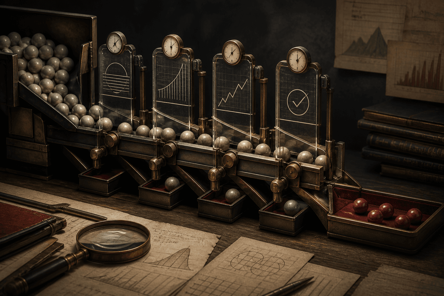 Many candidates passing through four measurement gates into a small ranked set