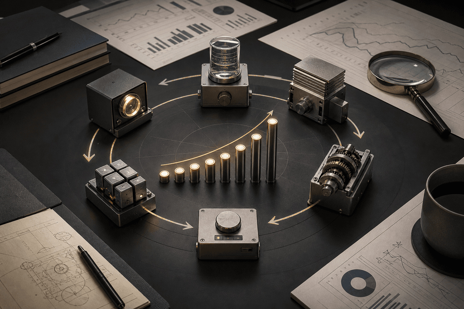 Precision modules arranged in a feedback loop around rising efficiency markers
