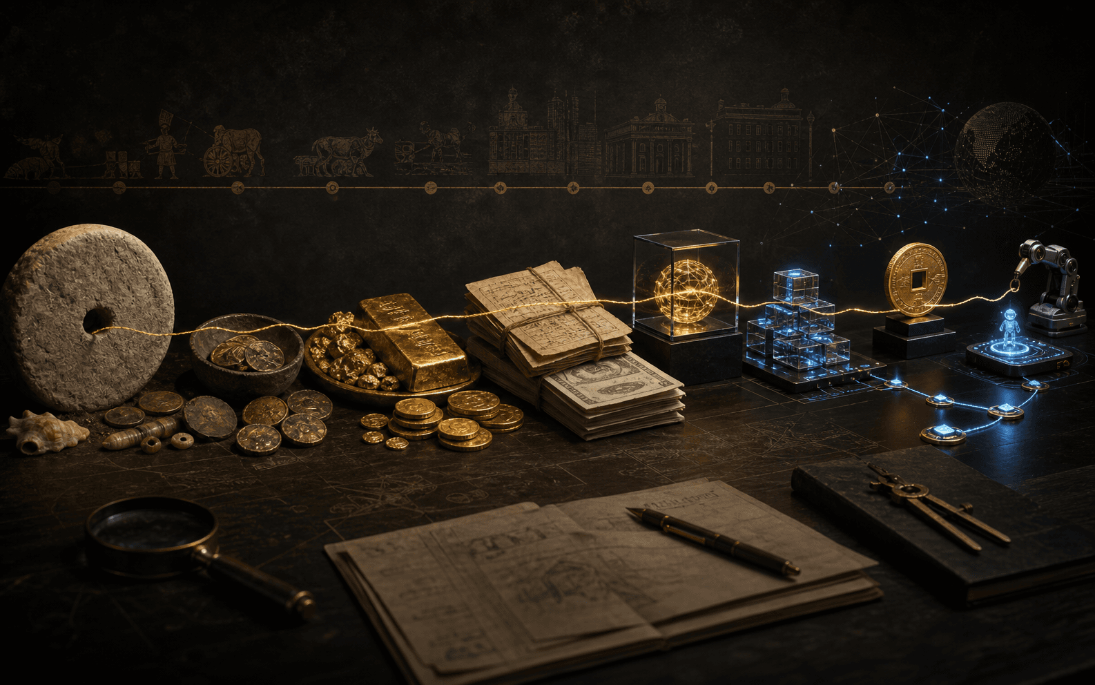 A financial-history research desk where stone money, gold, paper, blockchain, and an AI payment network share one golden line of trust
