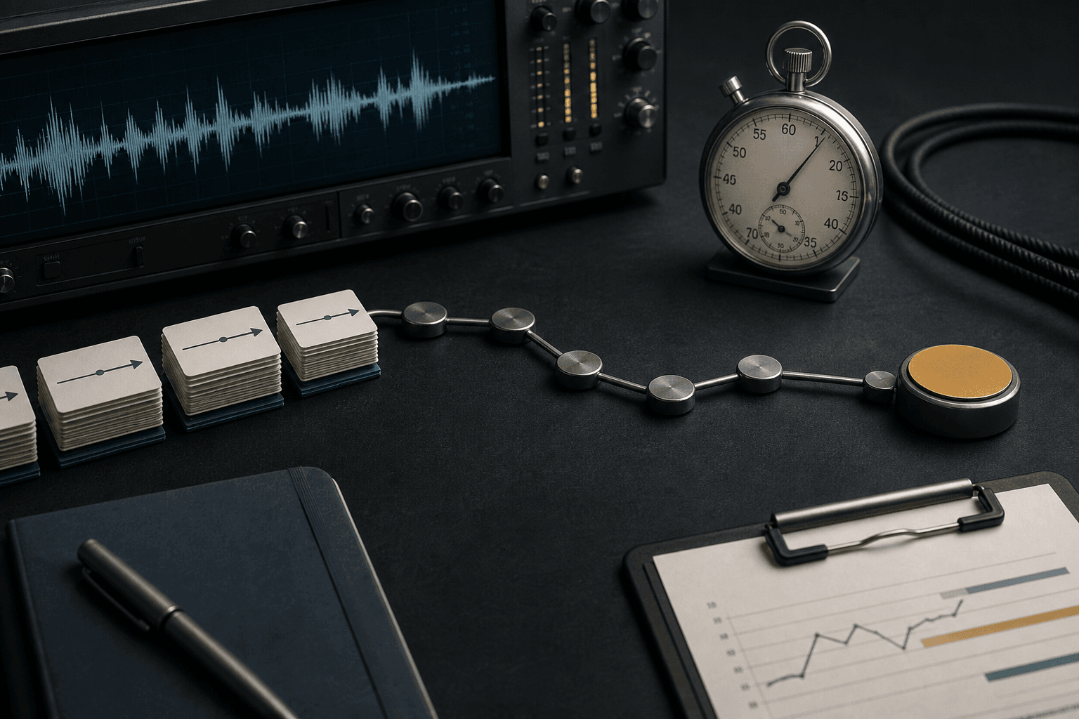 An audio waveform, stopwatch, and deliberately narrow network route on an operations desk