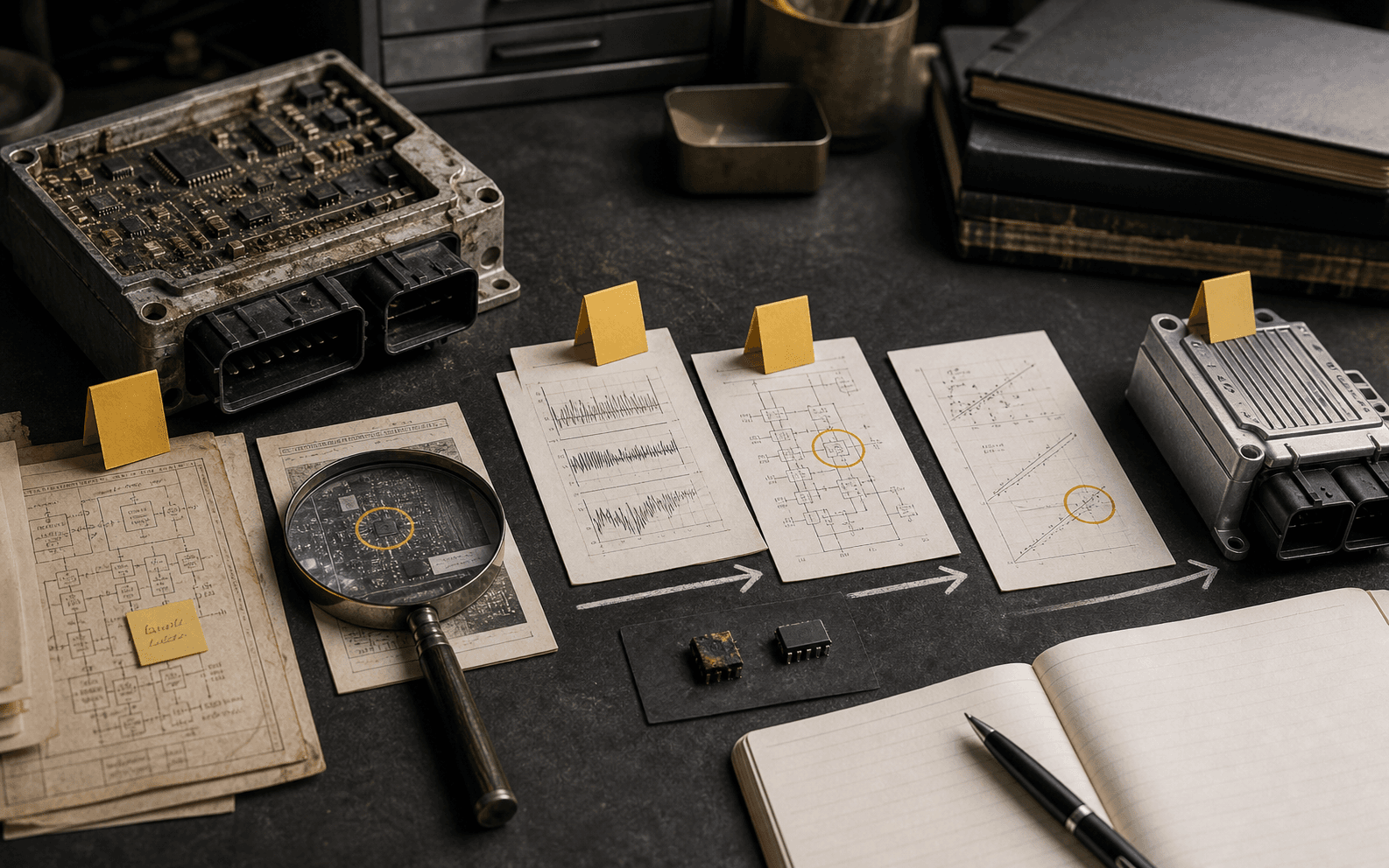 An investigation desk tracing an old circuit failure through evidence to a replacement component